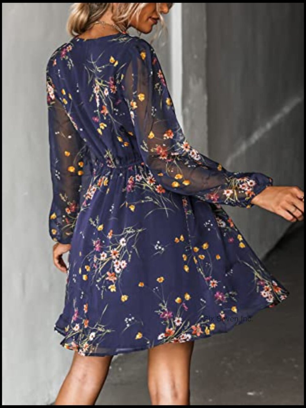 Chiffon V-Neck Mini Dress with Long Sleeves - Picture 2 of 7